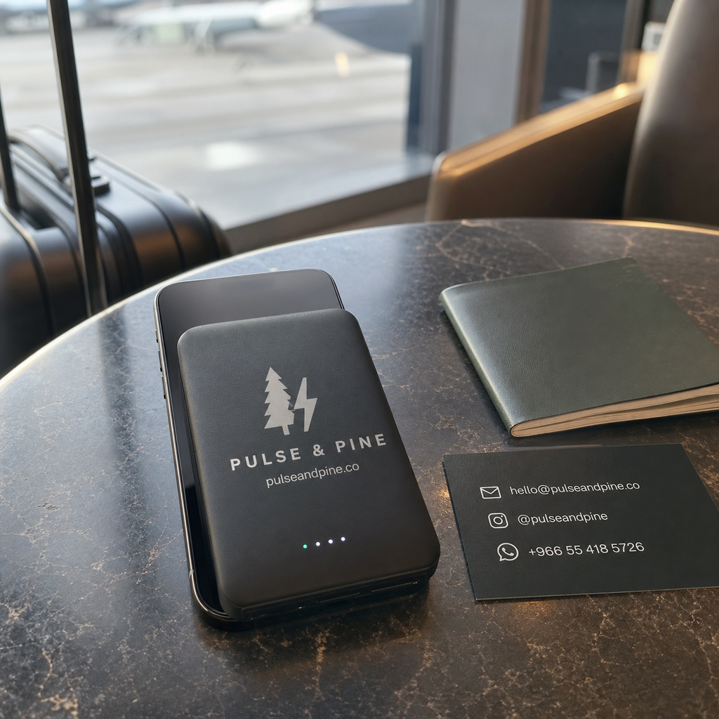 Pulse & Pine custom branded wireless power bank in travel workspace